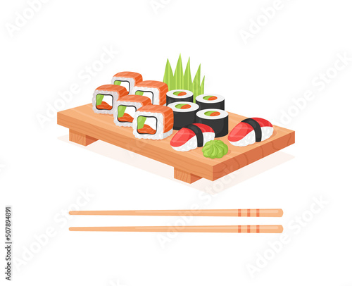 Sushi roll. Vector illustration of japan asian food, seafood, sashimi set. Collection of traditional food. Japanese cuisine. Sushi with tuna and salmon on wooden board with chopsticks and wasabi.