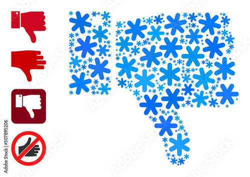 Mosaic thumb down icon is constructed for winter, New Year, Christmas. Thumb down icon mosaic is constructed with light blue ice crystals. Some similar icons are added.