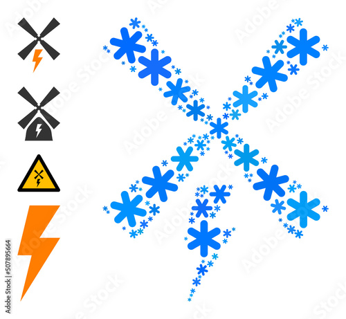 Composition wind electric generation icon is organized for winter, New Year, Christmas. Wind electric generation icon mosaic is organized with light blue snow items. Some bonus icons are added.