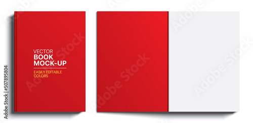Red book cover realistic vector mockup. Closed and opened book isolated on white background.