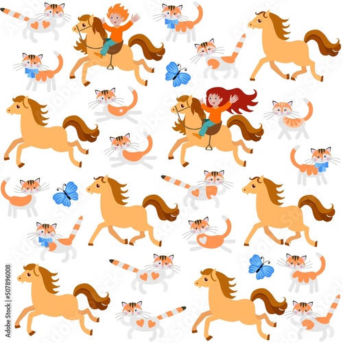 Funny vector seamless pattern with horses  cats and little kids isolated on white background. Fashionable print for fabric  wallpaper for kids.