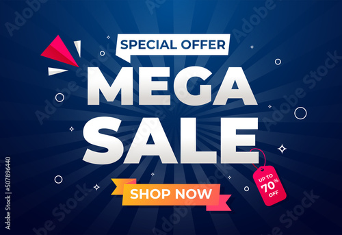 Web mega sale blue banner. up to 70% off. Super Sale, end of season special offer banner.