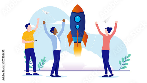 Business startup - People ready to launch new business, cheerful and happy. Flat design vector illustration with white background