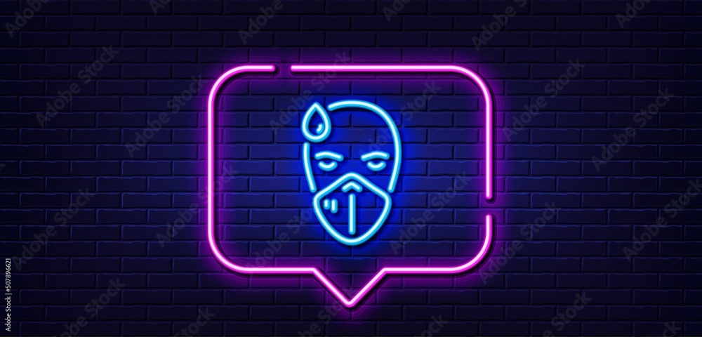 Neon light speech bubble. Sick man with medical mask line icon. Safety respiratory mask sign. Coronavirus face protection symbol. Neon light background. Sick man glow line. Brick wall banner. Vector Neon light speech bubble. Sick man with medical mask line icon. Safety respiratory mask sign. Coronavirus face protection symbol. Neon light background. Sick man glow line. Brick wall banner. Vector