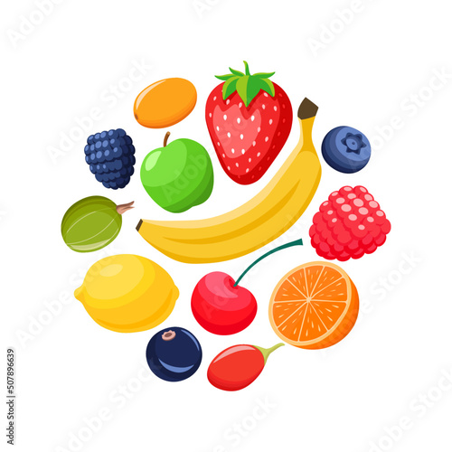 Set of different fruits and berries in circle flat vector style. Collection of sweet fruits. Orange, banana, apple, lemon. Strawberry, raspberry, blueberry, gooseberry, currant.