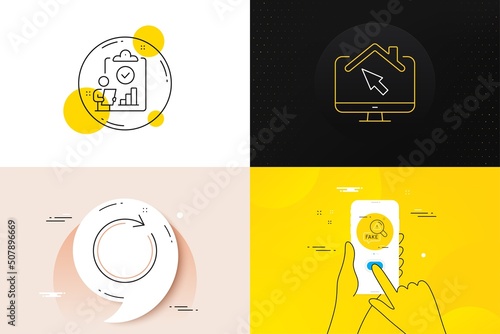Minimal set of Inspect, Fake news and Work home line icons. Phone screen, Quote banners. Synchronize icons. For web development. Research report, Check wrong fact, Freelance work. Vector