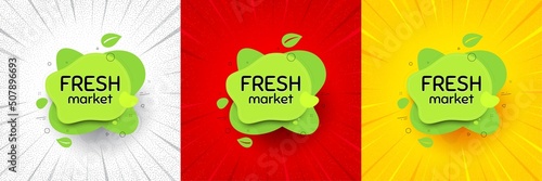 Fresh market food banner. Flash offer banner, coupon or poster. Organic bio product tag. Vegetarian eco icon. Fresh market promo banner. Retail marketing flyer. Starburst pop art. Vector