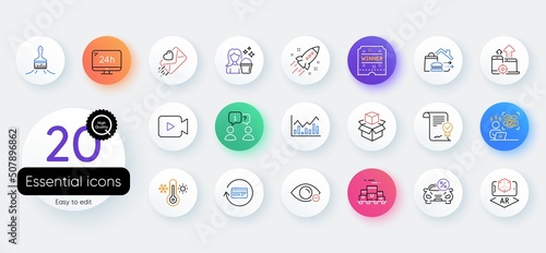 Simple set of Packing boxes, Car leasing and Approved agreement line icons. Include Startup rocket, Interview, Infochart icons. Video camera, 24h service, Difficult stress web elements. Vector