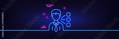 Neon light glow effect. Third party line icon. Team leader sign. Business conversation symbol. 3d line neon glow icon. Brick wall banner. Third party outline. Vector