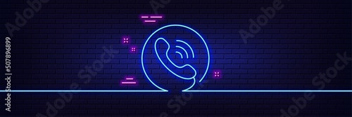 Neon light glow effect. Call center service line icon. Phone support sign. Feedback symbol. 3d line neon glow icon. Brick wall banner. Call center outline. Vector