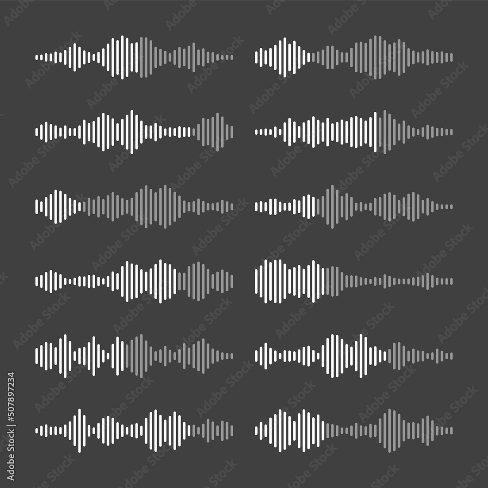 Voice message, mail. Social media chat conversation. Messaging app, music player, audio or video editor interface element. Voice assistant recorder. Sound wave pattern. Dark mode. Vector illustration