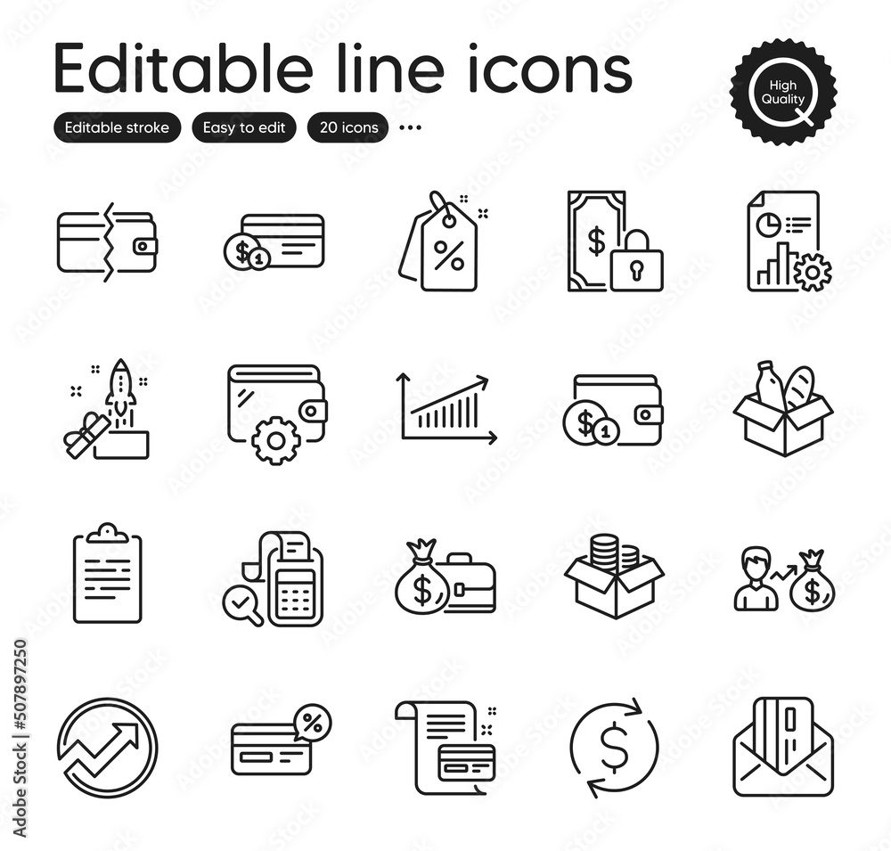 Set of Finance outline icons. Contains icons as Cashback, Discount tags and Payment method elements. Payment methods, Audit, Report web signs. Salary, Innovation, Credit card elements. Vector