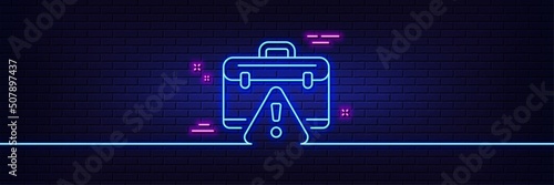 Neon light glow effect. Warning briefcase line icon. Attention triangle sign. Caution diplomat symbol. 3d line neon glow icon. Brick wall banner. Warning briefcase outline. Vector