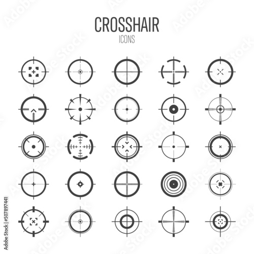 Crosshair, gun sight vector icons. Bullseye, black target or aim symbol. Military rifle scope, shooting mark sign. Targeting, aiming for a shot. Archery, hunting and sports shooting. Game UI element.