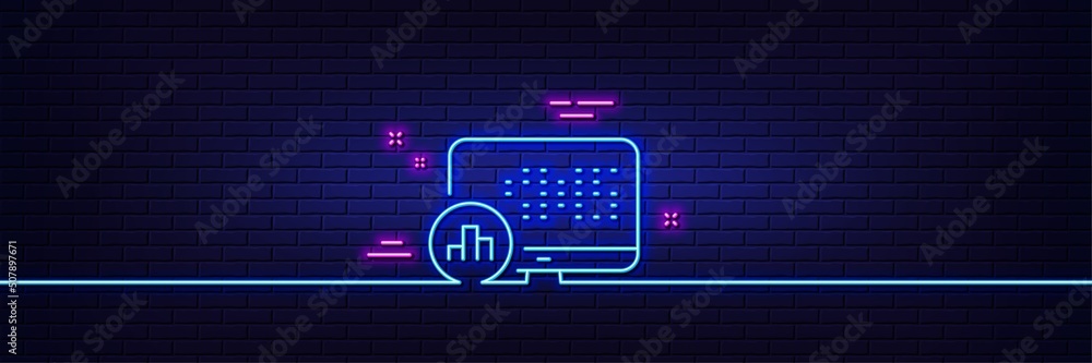 Neon light glow effect. Report statistics line icon. Column graph sign. Growth diagram symbol. 3d line neon glow icon. Brick wall banner. Report statistics outline. Vector