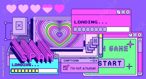 Composition of interface elements: window boxes and tabs on a pink background.  The concept of a glitchy screen with spam messages.
