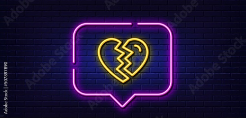 Neon light speech bubble. Break up Love line icon. Divorce sign. Valentines day symbol. Neon light background. Break up glow line. Brick wall banner. Vector