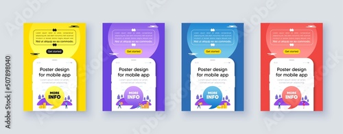 Poster frame with phone interface. More info tag. Navigation sign. Read description symbol. Cellphone offer with quote bubble. More info message. Vector