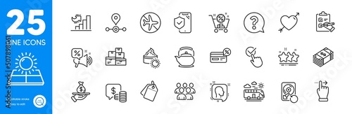 Outline icons set. Sun cream, Bus travel and Flight mode icons. Recovery hdd, Station, Sun energy web elements. Head, Group, Touchscreen gesture signs. Loan, Growth chart, Usd currency. Vector