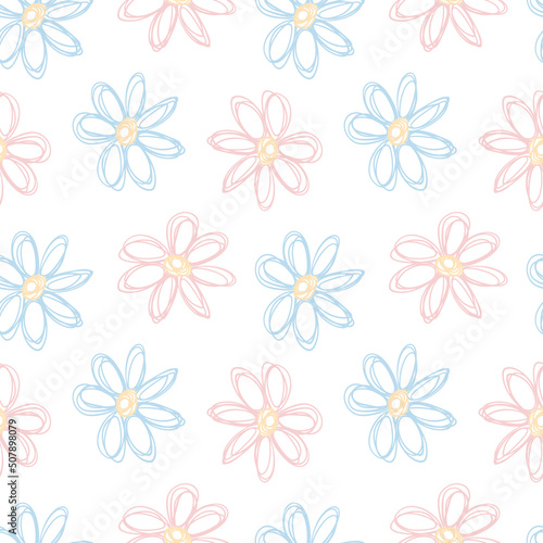 Hand drawn Pastel Kids flowers lines seamless pattern