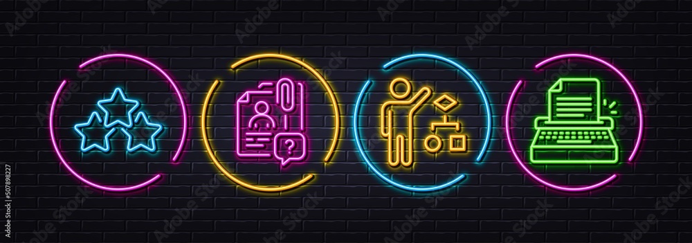 Search employee, Ranking stars and Algorithm minimal line icons. Neon laser 3d lights. Typewriter icons. For web, application, printing. Questions for candidate, Winner award, Developers job. Vector
