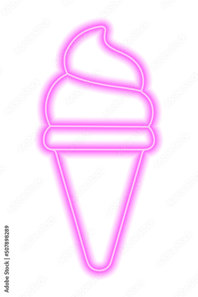 Pink neon ice cream silhouette in waffle cone on a white background Pink neon ice cream silhouette in waffle cone on a white background