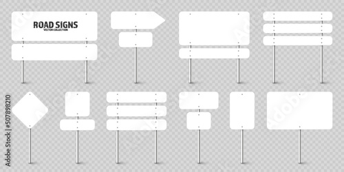 Various road, traffic signs. Highway signboard on a chrome metal pole. Blank white board with place for text. Directional signage and wayfinder. Information sign mockup. Vector illustration