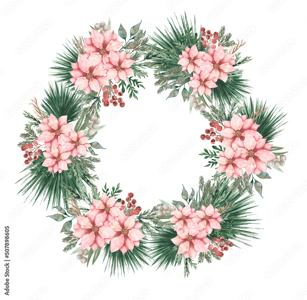 Watercolor Christmas tree wreath with Poinsettia flowers and berries decoration clipart, Winter frame illustration, cute holidays decor clip art, card printing Watercolor Christmas tree wreath with Poinsettia flowers and berries decoration clipart, Winter frame illustration, cute holidays decor clip art, card printing