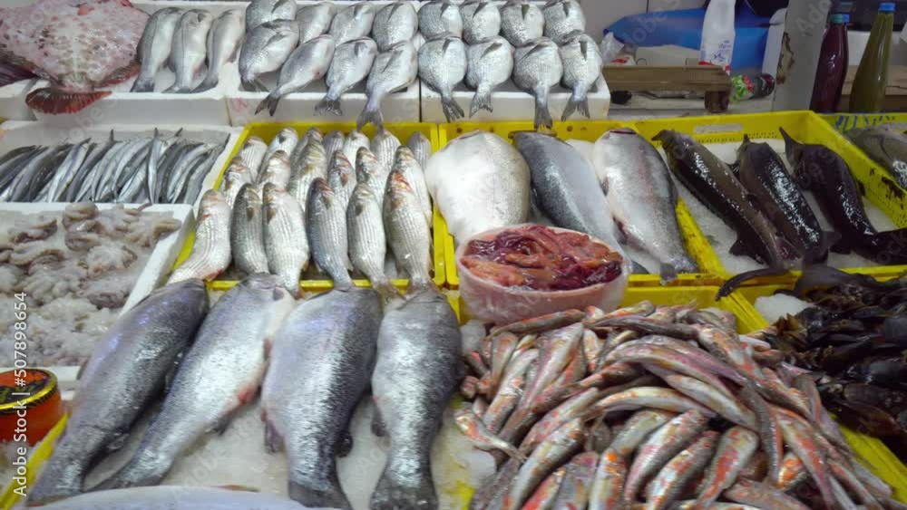 Fresh seafood market in Batumi Live fish in ice. Flounder, red