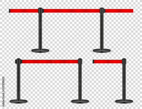 Realistic retractable belt stanchion on transparent background. Crowd control barrier posts with caution strap. Queue lines. Restriction border and danger tape. Vector illustration.