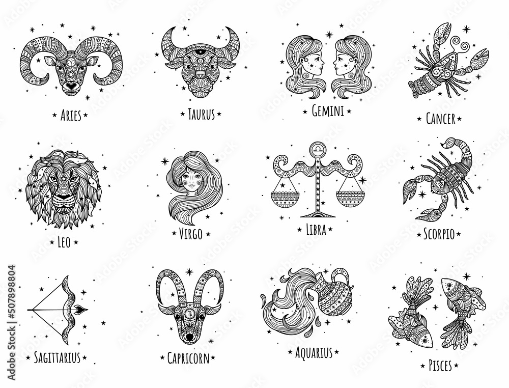 Colorful zodiac signs vector lineart. Easy to recolor. - obrazy, fototapety, plakaty 