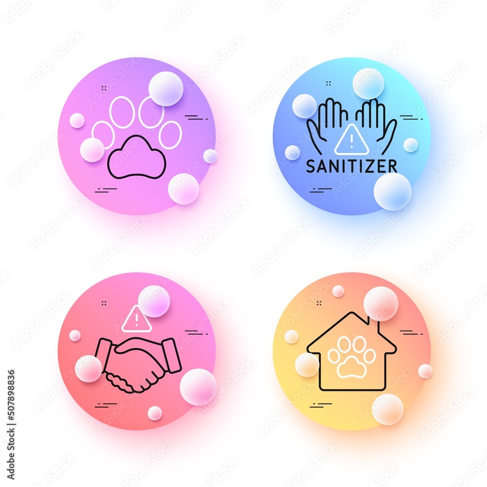 Dont handshake, Pet shelter and Clean hands minimal line icons. 3d spheres or balls buttons. Dog paw icons. For web, application, printing. Clean hand, Dog house, Hygiene care. Pets. Vector Dont handshake, Pet shelter and Clean hands minimal line icons. 3d spheres or balls buttons. Dog paw icons. For web, application, printing. Clean hand, Dog house, Hygiene care. Pets. Vector