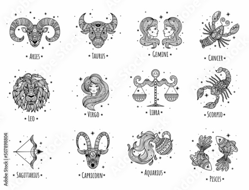 Colorful zodiac signs vector lineart. Easy to recolor.