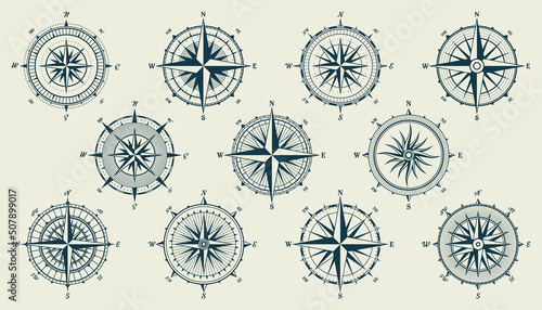 Vintage marine wind rose, nautical chart. Monochrome navigational compass with cardinal directions of North, East, South, West. Geographical position, cartography and navigation. Vector illustration.