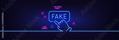 Neon light glow effect. Fake information line icon. Propaganda conspiracy sign. Web wrong truth symbol. 3d line neon glow icon. Brick wall banner. Fake information outline. Vector