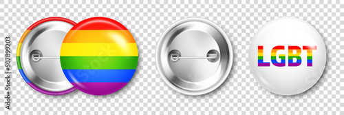 Realistic colorful badge with LGBTQ rainbow flag. Lesbian, gay, bisexual, transgender love symbol, pride month. 3D glossy round button. Pin badge mockup. Vector illustration