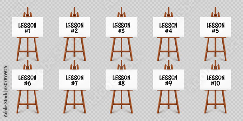 Realistic paint desk with text on white canvas. Wooden easel and a sheet of drawing paper. Presentation board on a tripod. Distance education, online courses and e-learning. Vector illustration