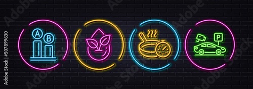 Ab testing, Frying pan and Organic product minimal line icons. Neon laser 3d lights. Parking security icons. For web, application, printing. Test chart, Cooking timer, Leaf. Video camera. Vector
