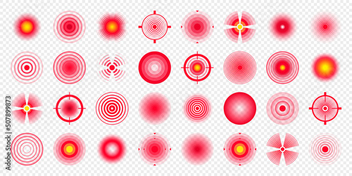 Pain localization marks. Painful area, aching spot. Red circles, targets. Headache, bruised body part marker. Back, neck, muscle pain symbol. Healthcare ad, medical information. Vector illustration.