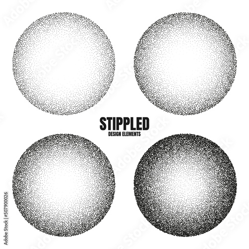 Round shaped dotted objects, stipple elements. Fading gradient. Stippling, dotwork drawing, shading using dots. Pixel disintegration, halftone effect. White noise grainy texture. Vector illustration