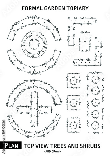 Plan sketch shrub trees nd bushes symbols hands draw.  Garden plants top view. Landscape design and architecture symbols or scheme of tree shrub bush