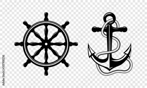 Vector Hand drawn Anchor and Ships Helm Icon Set Isolated. Design Template for Tattoos, Tshirt, Logo, Labels. Anchor with Rope and Steering Wheel. Antique Vintage Marine Symbols