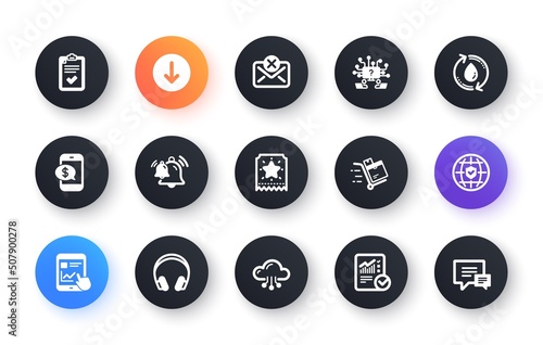 Minimal set of Bell, Checked calculation and Teamwork question flat icons for web development. Headphones, Checklist, Internet report icons. Cloud computing, Phone payment. Vector