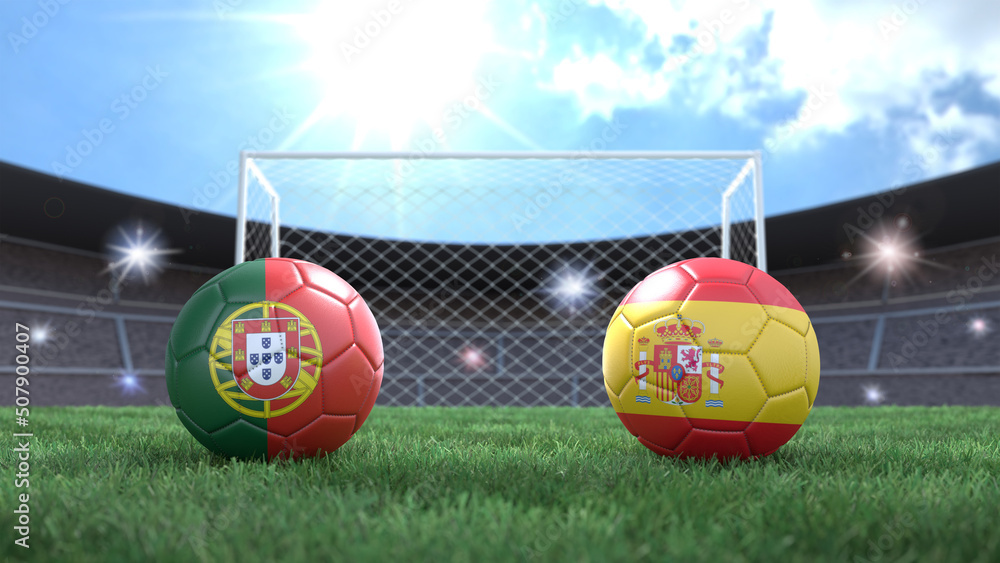 Two soccer balls in flags colors on stadium blurred background. Portugal and Spain. 3d image Two soccer balls in flags colors on stadium blurred background. Portugal and Spain. 3d image