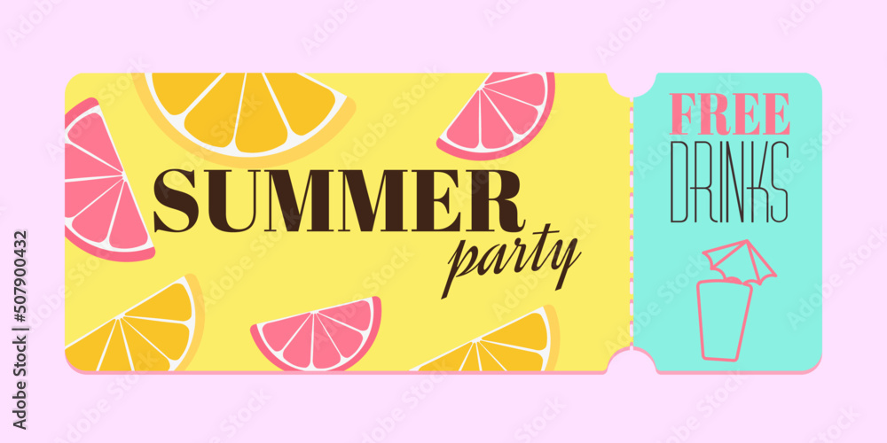 Flyer for summer party. Coupon for free drinks. Vector
