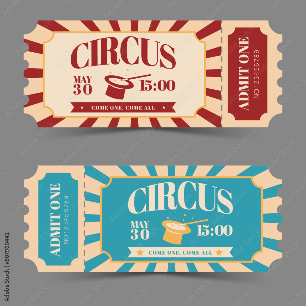 Circus tickets. Amazing show. Retro ticket Accept one coupon. Vector illustration. - obrazy, fototapety, plakaty 