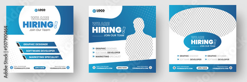 We are hiring job vacancy social media post banner design template with blue color. We are hiring job vacancy square web banner design. photo