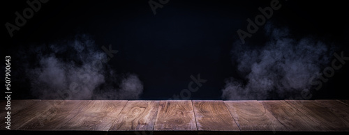 Oak wood planks platform, podium or table with smoke in the dark