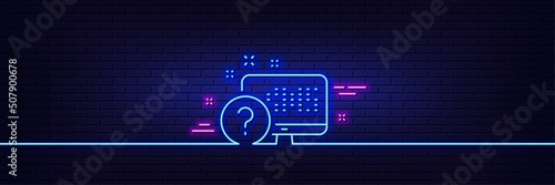 Neon light glow effect. Question mark line icon. Online quiz test sign. 3d line neon glow icon. Brick wall banner. Online quiz outline. Vector
