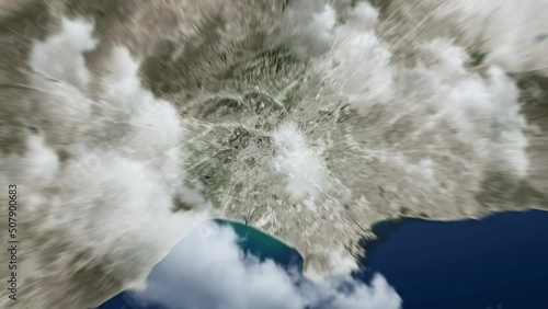 Zooming on Los Angeles, US. Earth zoom in from outer space to city. The animation continues by zoom out through clouds and atmosphere into space. View of the Earth at night. Images from NASA. 4K